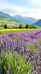 Vibrant Purple Lavender Field in Mountainous Landscape