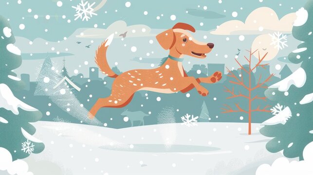 Happy Dog Leaping Through Snowy Winter Landscape