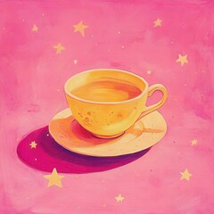 Fototapeta premium A yellow teacup and saucer sit surrounded by glowing stars