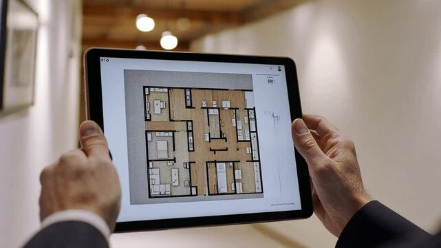 Examining apartment blueprints on a digital tablet for property assessment and investment