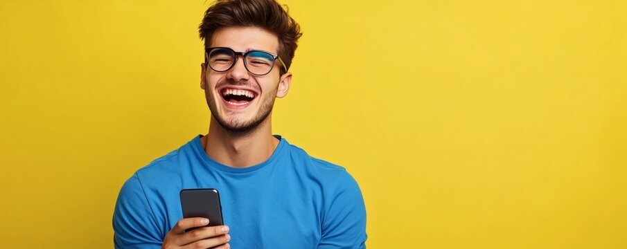 Smiling young man wearing glasses looking at his cell phone