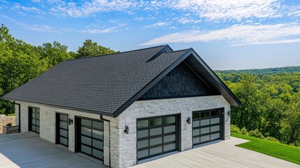 A sleek 3-car garage with black steel double doors and white stone accents on the exterior
