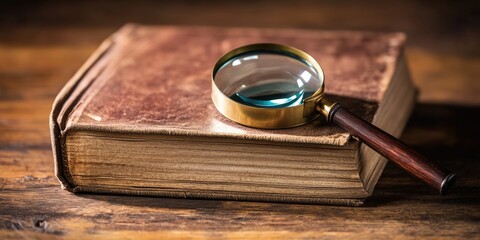 A magnifying glass perched on the cover of an open book, great for images of reading, research, and discovery