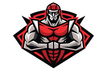 Dynamic vector illustration of a muscular warrior logo with bold colors on a striking background showcasing strength and determination