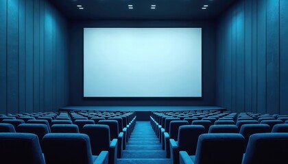 Empty dark blue cinema auditorium with white screen mockup, seating. Realistic modern movie theater, film presentation with comfortable seats rows. Interior design of roomy screening projection for
