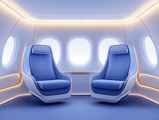 Fototapeta premium Modern airplane interior featuring two blue passenger seats and large windows