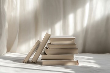 Stacked books on a bed, a cozy reading nook