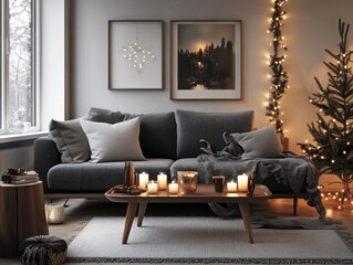 Cozy living room decorated with winter seasonal decorations for warmth