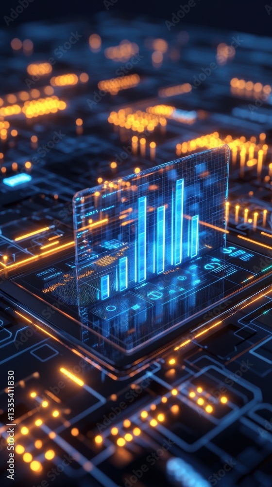 Poster bar flowchart analytics. abstract blue and orange data graph on circuit board