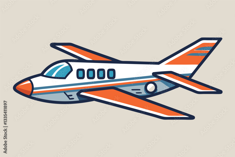 Poster stylized vector illustration of a small private airplane with a distinctive orange and blue design, 