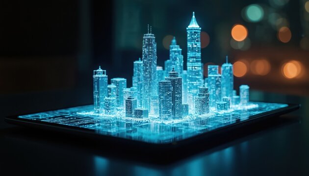Futuristic city skyline hologram emerges from tablet, urban innovation. Digital architecture, technology integration with illuminated skyscrapers on interactive display. Modern cityscape development
