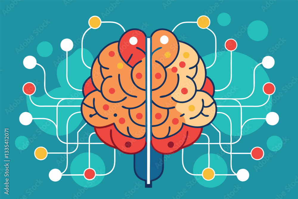 Poster modern brain illustration with digital connections showcasing the relationship between neuroscience 