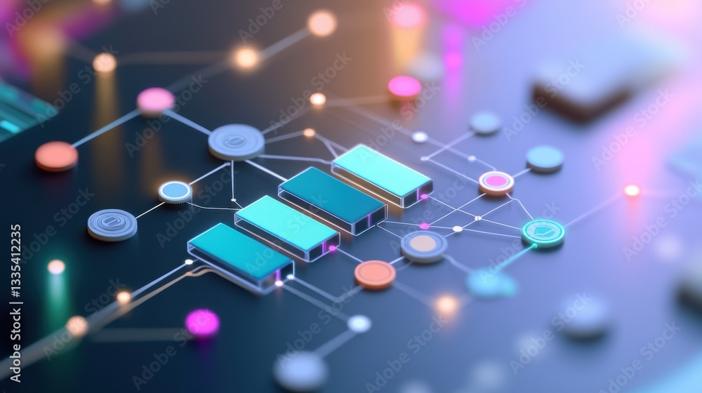 Poster bar flowchart analytics. abstract network data visualization with glowing teal and pink nodes