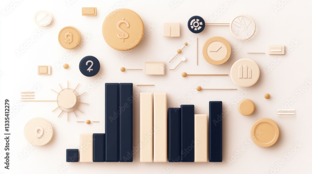 Poster bar flowchart analytics. beige and dark 3d bar chart infographic