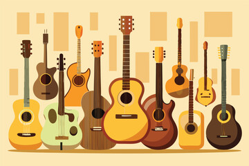 Various acoustic guitars arranged artistically showcasing different shapes, sizes, and colors in a warm, inviting setting