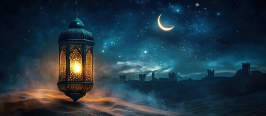 An ornate lantern hangs under the starry desert night sky