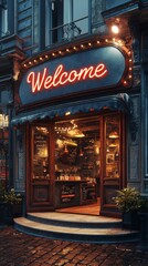 Warm Evening at a Charming Shop with Neon Welcome Sign