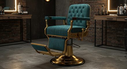 A luxurious teal and gold barber chair in a salon interior