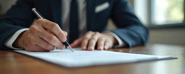 Close-up of executive businessman signs contract document on wooden desk. Legal professional proofreads agreement letter. Successful manager works with official papers form, signs signature.