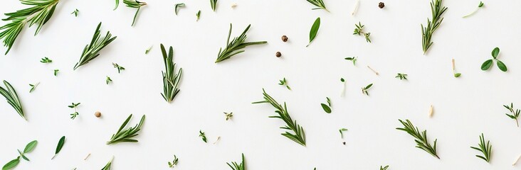 Fresh rosemary, thyme, and peppercorns scattered on a white background.