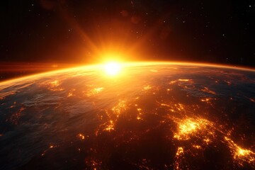 Fototapeta premium Aerial view of the sun rising above the curvature of the earth, with clouds and blue sky