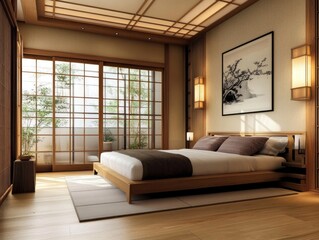 Fototapeta premium A serene modern bedroom with wooden elements and natural lighting