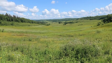 Fototapeta premium Vast Summer Meadow with Wildflowers under Partly Cloudy Sky