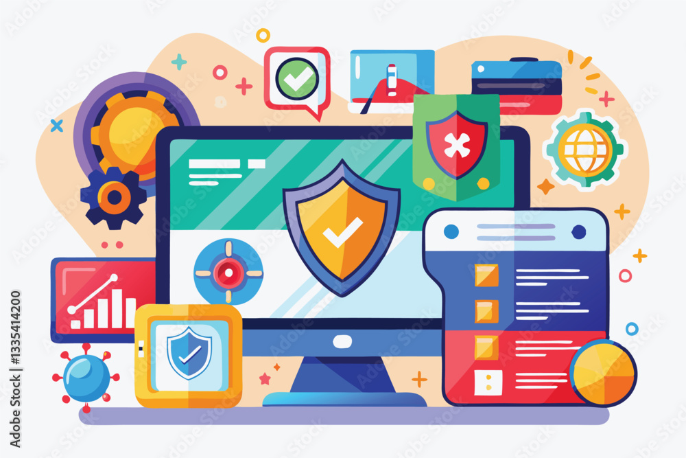 Poster creative vector illustration of cybersecurity concepts featuring a computer screen with multiple ico