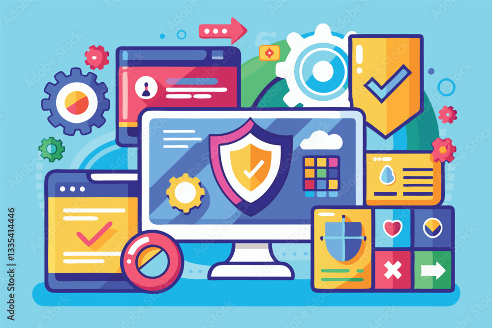 Poster creative vector illustration of cybersecurity concepts featuring a computer screen with multiple ico