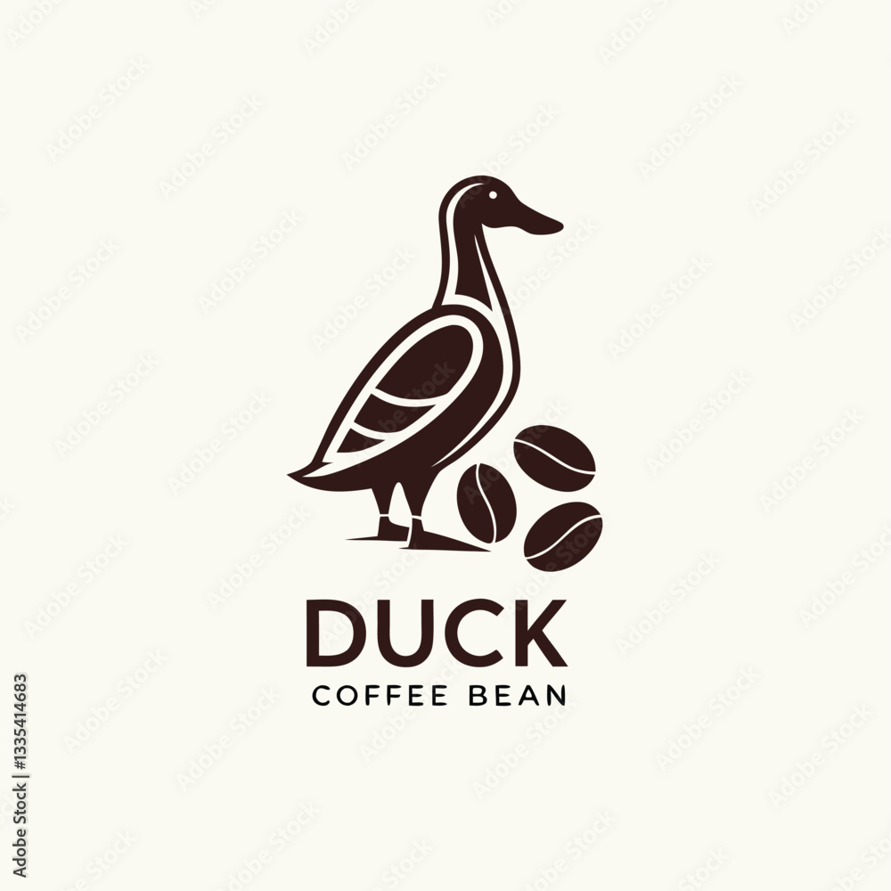 Poster Creative logo design featuring a duck and coffee beans in a modern vector illustration style, showcasing natural elements in a warm color palette