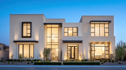 Fototapeta premium A sleek modern home with cream-colored stucco walls and striking dark windows, featuring steel accents and a manicured front yard