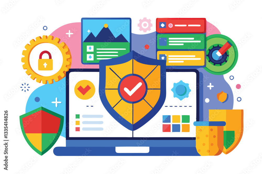 Poster creative vector illustration of cybersecurity concepts featuring a computer screen with multiple ico