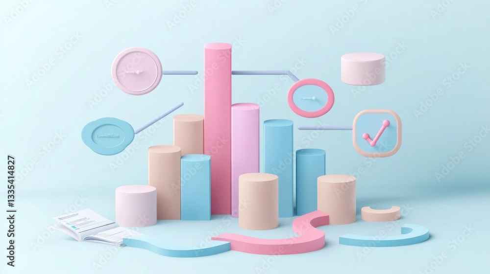 Poster bar flowchart analytics. pastel 3d render of abstract data visualization chart