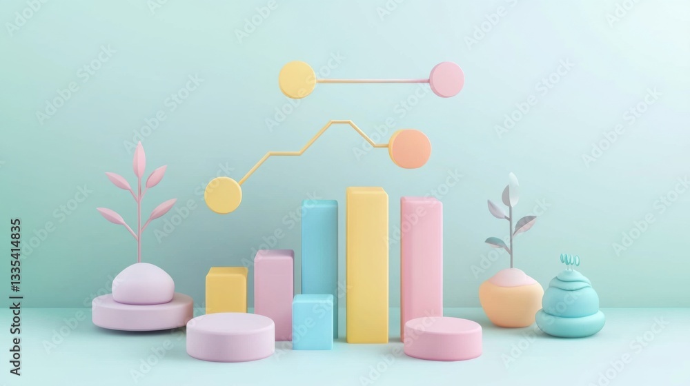 Poster bar flowchart analytics. pastel 3d render of growth chart with plants