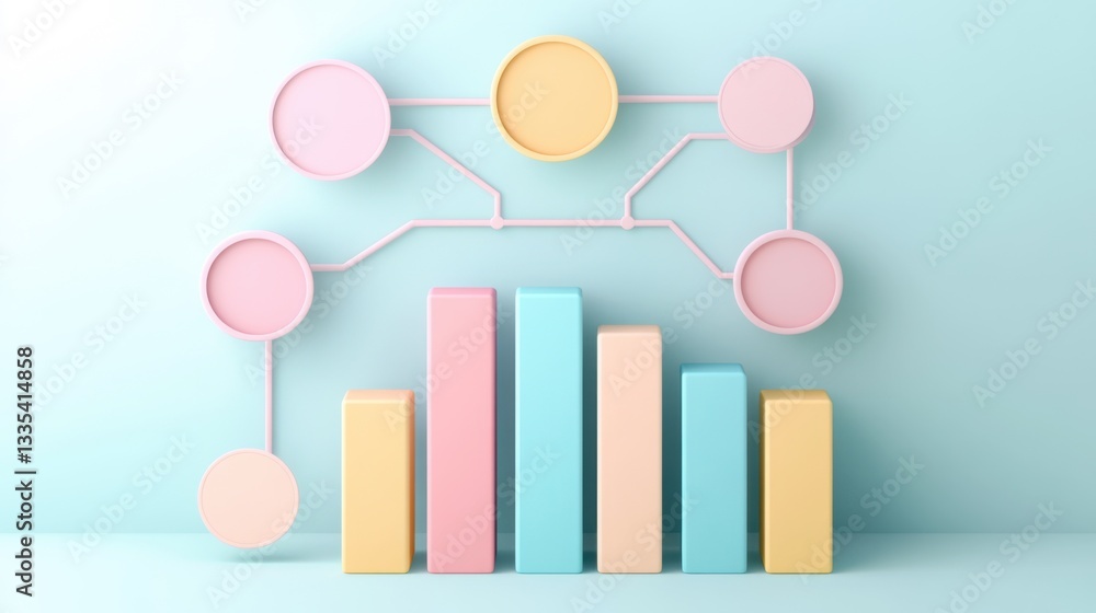 Poster bar flowchart analytics. pastel color 3d bar chart and network diagram on light blue background
