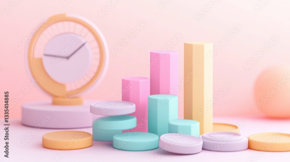 Aufkleber bar flowchart analytics. pastel color 3d render of growth chart and clock