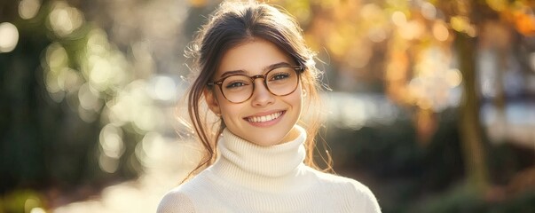 A smiling young woman wearing glasses outdoors in autumn sunlight
