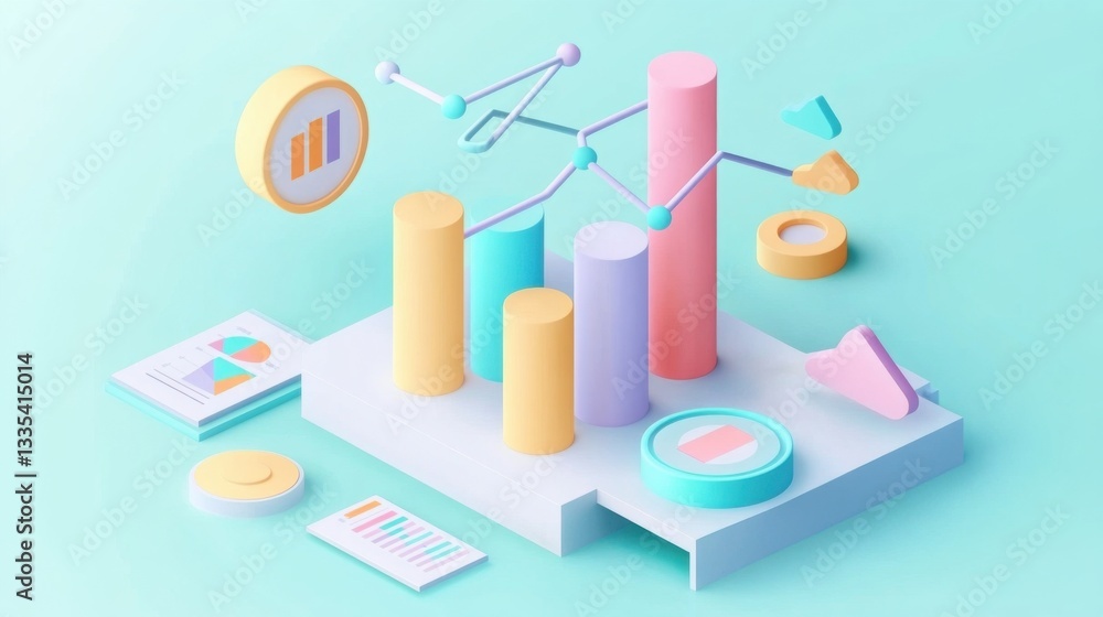 Aufkleber bar flowchart analytics. pastel colored 3d isometric data visualization charts