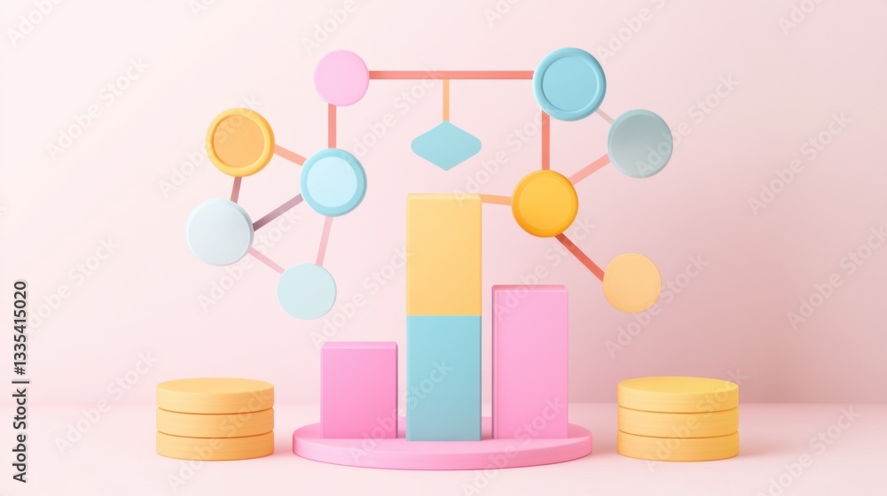 Poster bar flowchart analytics. pastel colored 3d render of abstract bar chart with network diagram