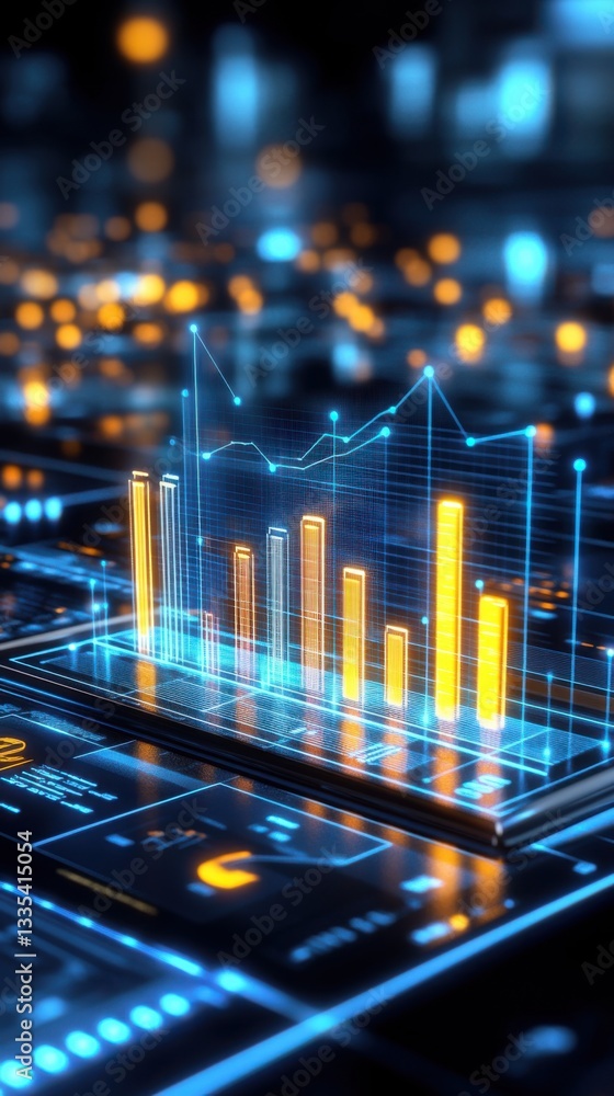 Poster bar flowchart analytics. glowing orange and blue data charts on a circuit board