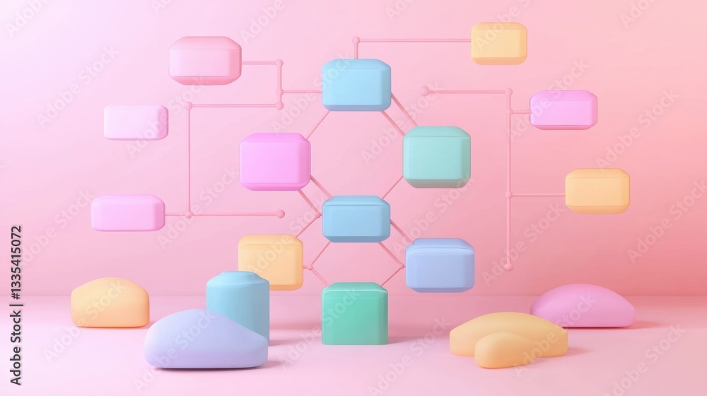 Poster bar flowchart analytics. pastel colored 3d render of abstract network diagram