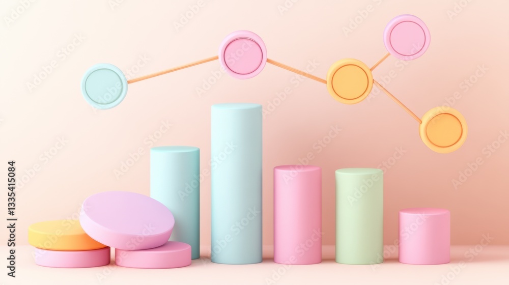 Poster bar flowchart analytics. pastel colored 3d render of bar chart and network diagram