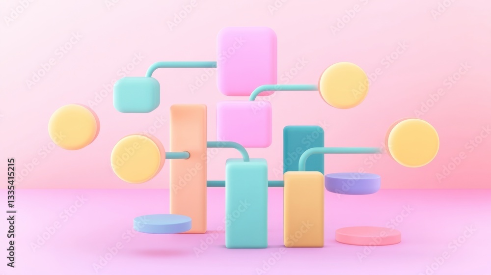 Poster bar flowchart analytics. pastel geometric shapes 3d render abstract background