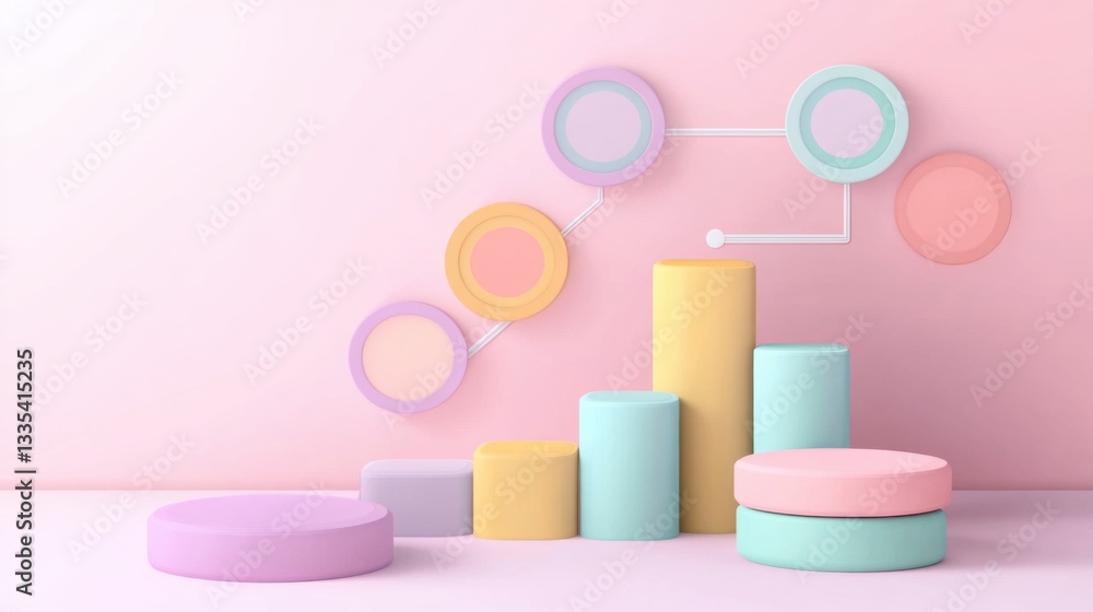 Poster bar flowchart analytics. pastel geometric shapes 3d render