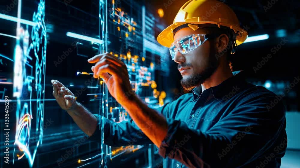 Aufkleber male professional in safety helmet and protective glasses interacts with complex futuristic digital 