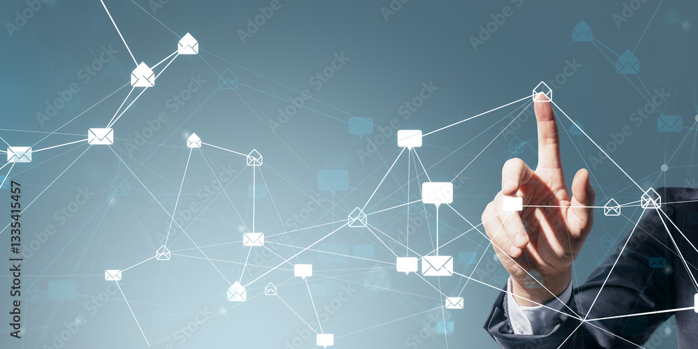 Poster businessman touching virtual email icons on a digital interface.