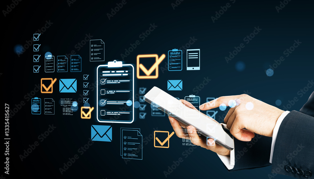 Aufkleber businessperson using a smartphone with a holographic digital document management interface.