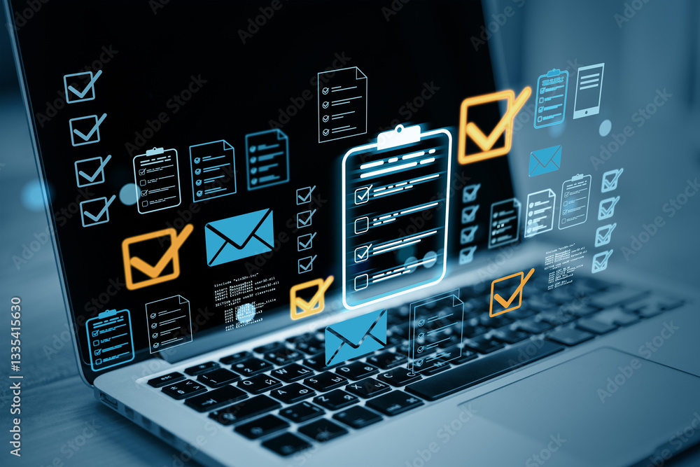 Poster Digital task management system with holographic interface on laptop. 3D Rendering