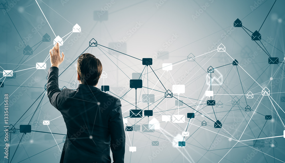 Poster businessman interacting with a digital email network interface.