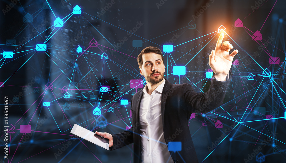 Poster businessman interacting with a virtual email network interface.